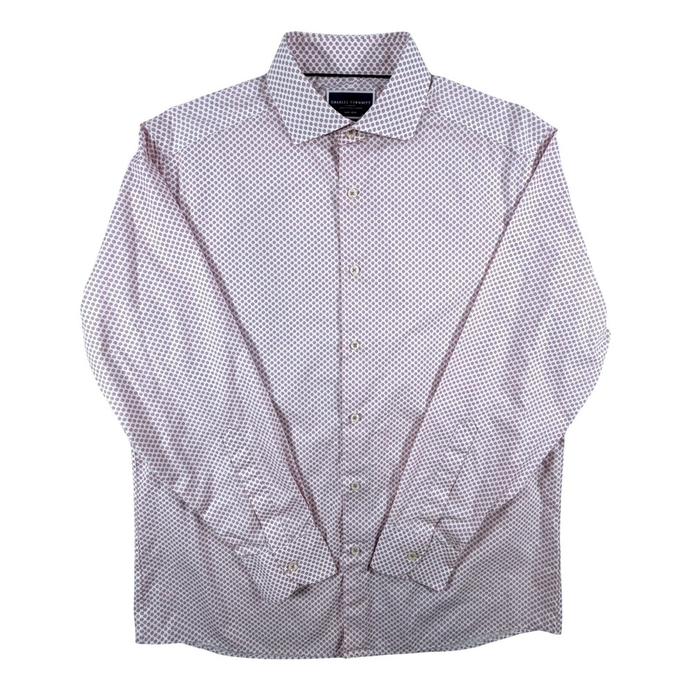 Charles Tyrwhitt Mens Large Classic Fit Non-Iron Cotton Shirt Pink Geometric AOP